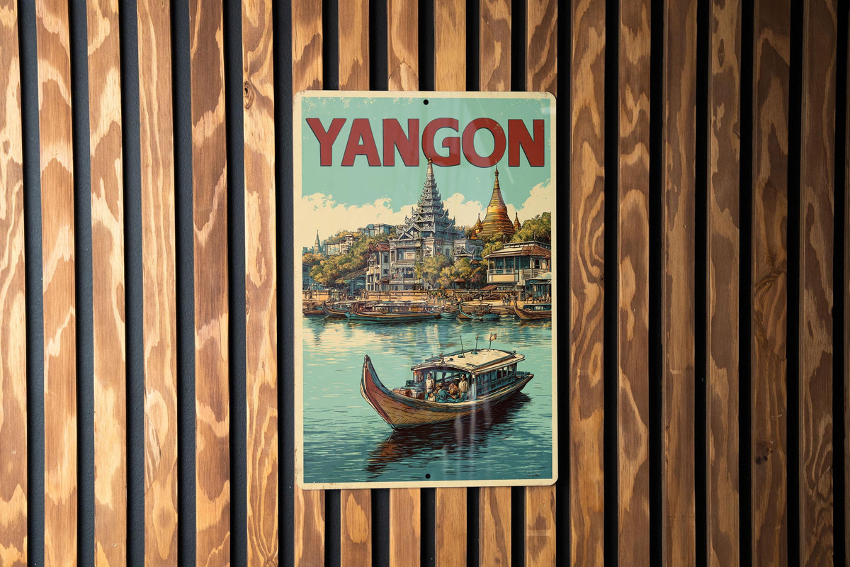 Retro Yangon Travel Poster Style Tin Sign – Vintage Metal Wall Art for Home, Bar, or Office Décor — photo 1