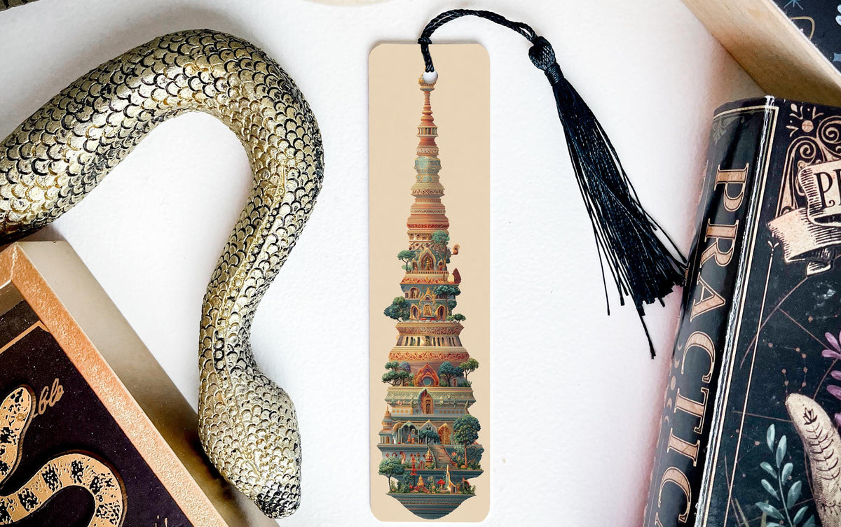 Stupa Embroidery Metal Bookmark – Intricate Needlework Pattern, Artistic Buddhist Design, Detailed Handcrafted Gift Idea — photo 2