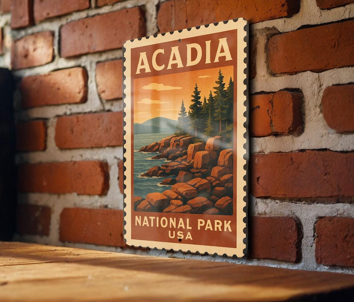 Acadia National Park Metal Sign – Vintage Stamp Style Wall Art, Rustic USA Travel Decor, Outdoor Adventure Gift — photo 2