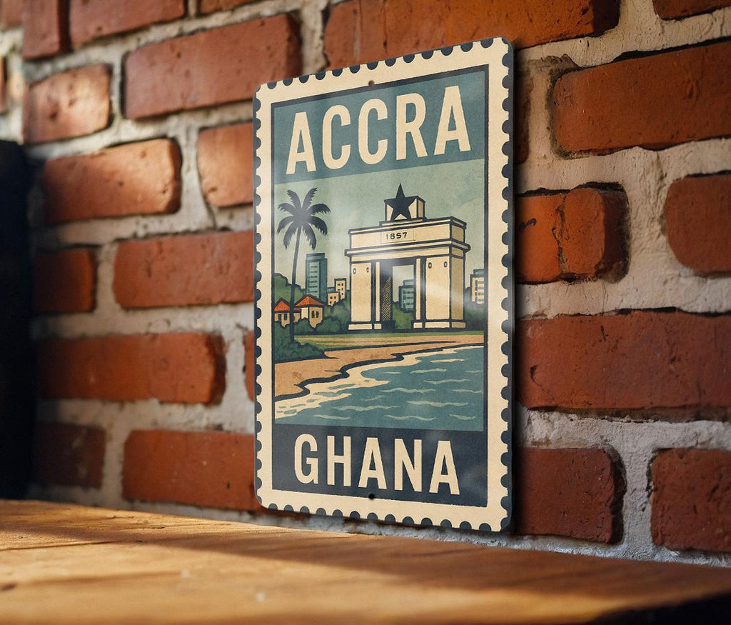 Accra Ghana Stamp Style Metal Sign – Vintage Wall Art, African City Decor, Retro Travel Poster Plaque — photo 1
