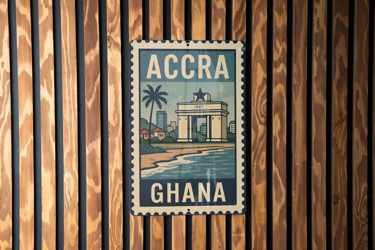 Accra Ghana Stamp Style Metal Sign – Vintage Wall Art, African City Decor, Retro Travel Poster Plaque — photo 2