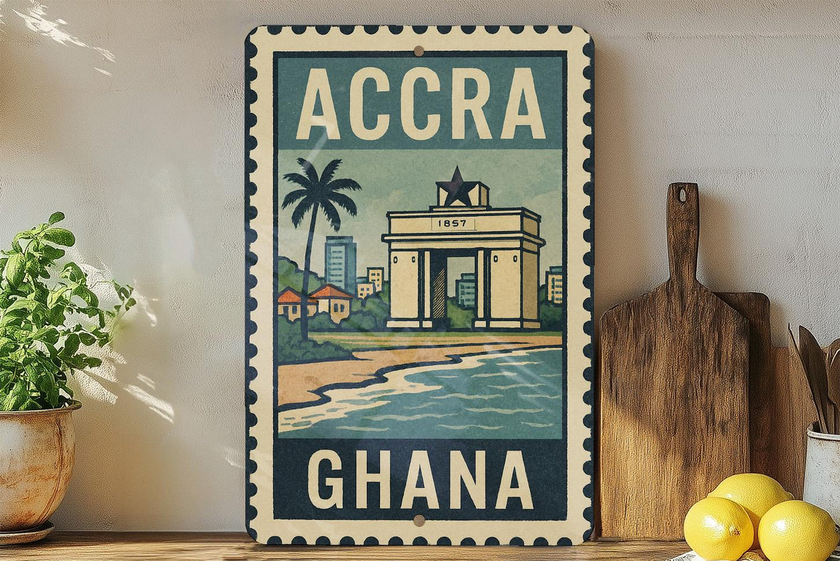Accra Ghana Stamp Style Metal Sign – Vintage Wall Art, African City Decor, Retro Travel Poster Plaque — photo 3