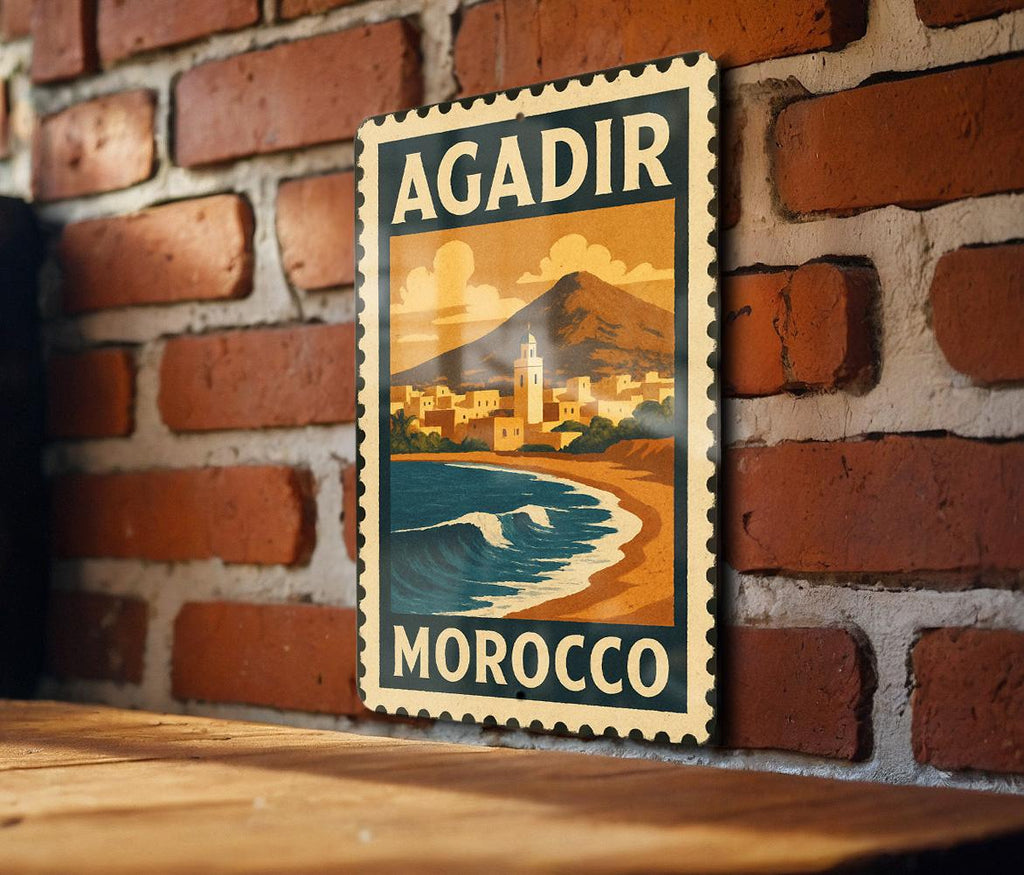 Agadir Morocco Stamp Style Metal Sign – Vintage Travel Wall Art,  Rustic Home Decor, Moroccan Souvenir Plaque — photo 1