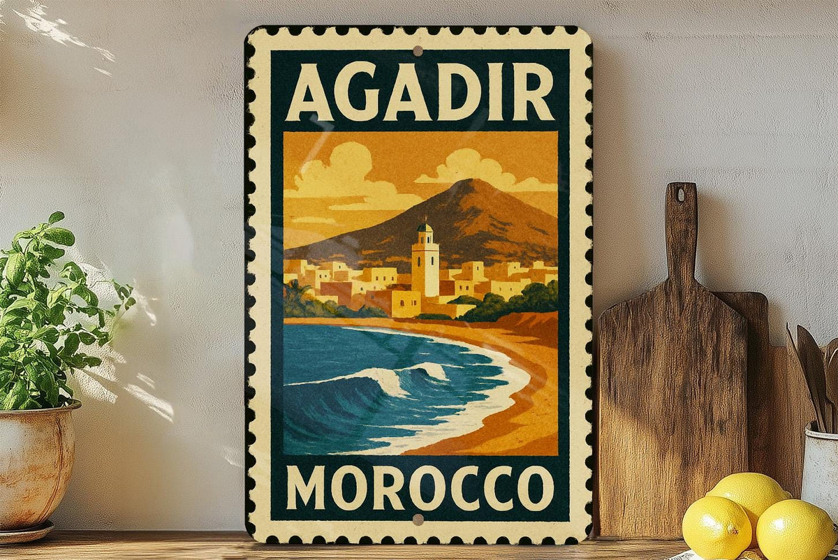 Agadir Morocco Stamp Style Metal Sign – Vintage Travel Wall Art,  Rustic Home Decor, Moroccan Souvenir Plaque — photo 2