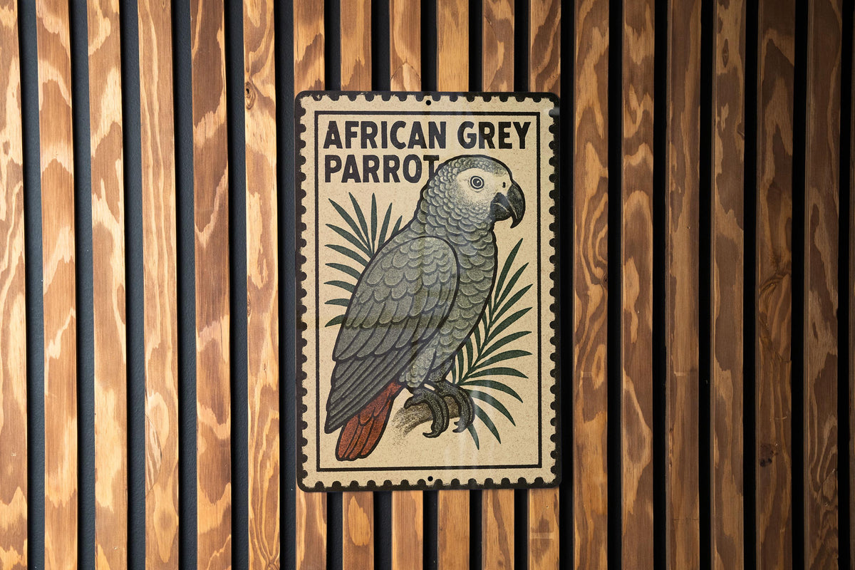 African Grey Parrot Metal Sign – Vintage Stamp Style Wall Art, Bird Decor for Home, Aviary, or Garden Display — photo 2
