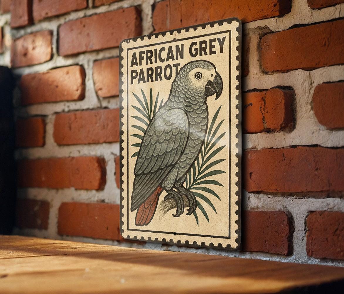 African Grey Parrot Metal Sign – Vintage Stamp Style Wall Art, Bird Decor for Home, Aviary, or Garden Display — photo 3