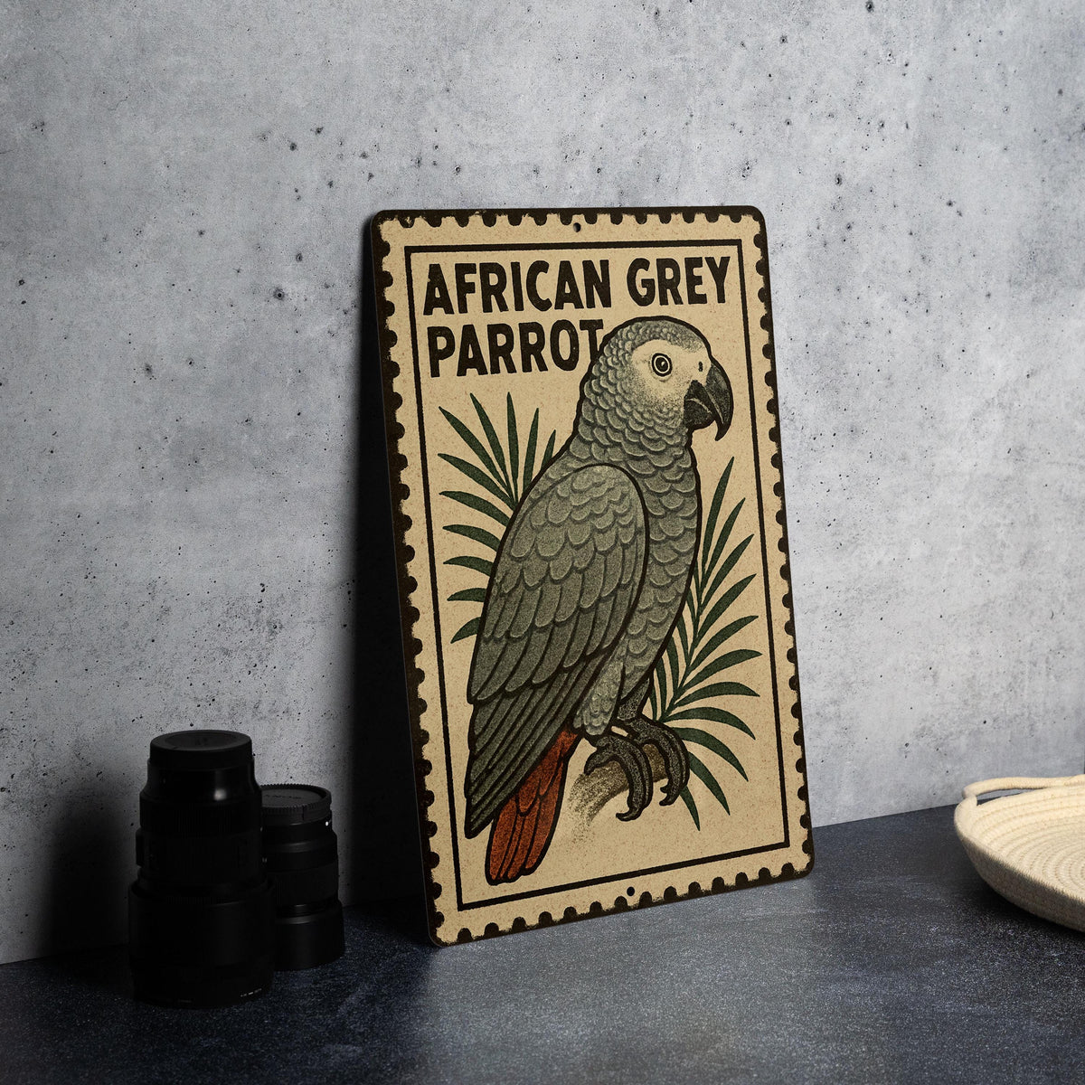 African Grey Parrot Metal Sign – Vintage Stamp Style Wall Art, Bird Decor for Home, Aviary, or Garden Display — photo 4