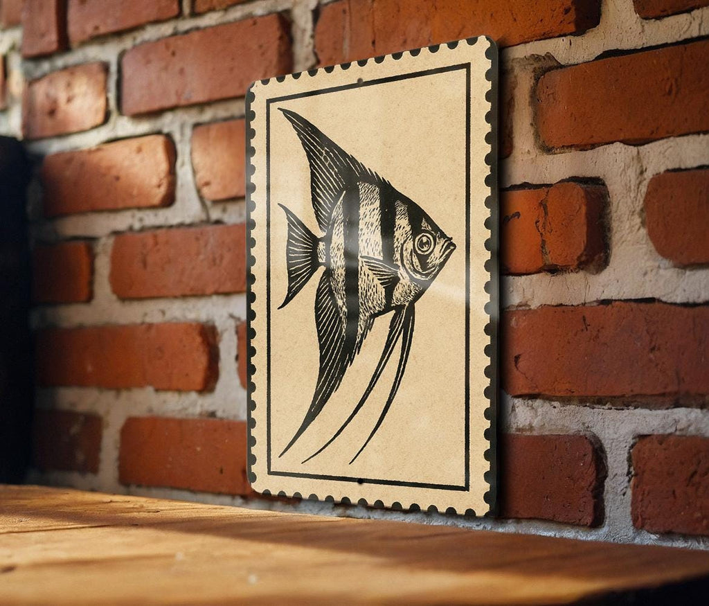 Angelfish Metal Sign – Vintage Stamp Style Ocean Wall Art, Coastal Nautical Decor for Beach House or Aquarium — photo 1