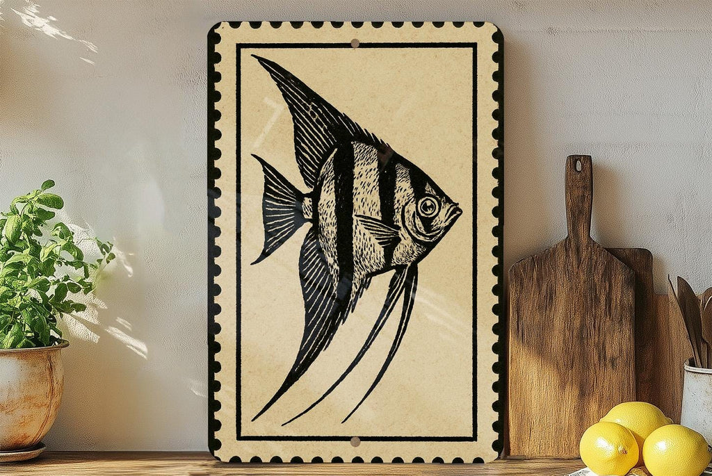 Angelfish Metal Sign – Vintage Stamp Style Ocean Wall Art, Coastal Nautical Decor for Beach House or Aquarium — photo 2