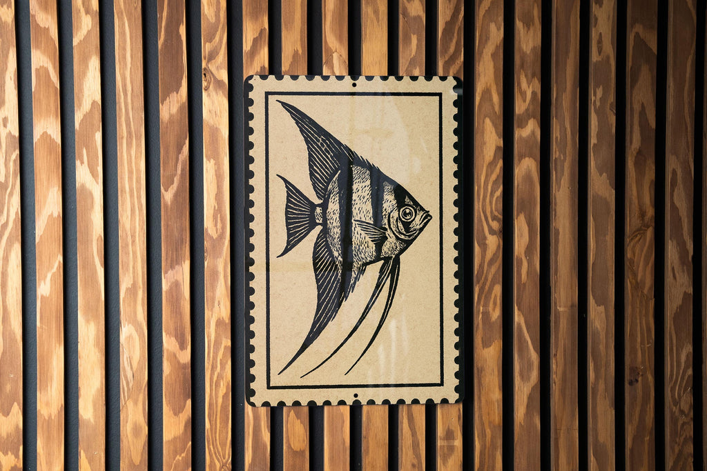 Angelfish Metal Sign – Vintage Stamp Style Ocean Wall Art, Coastal Nautical Decor for Beach House or Aquarium — photo 3