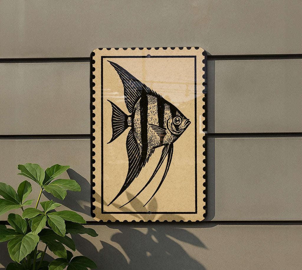 Angelfish Metal Sign – Vintage Stamp Style Ocean Wall Art, Coastal Nautical Decor for Beach House or Aquarium — photo 5