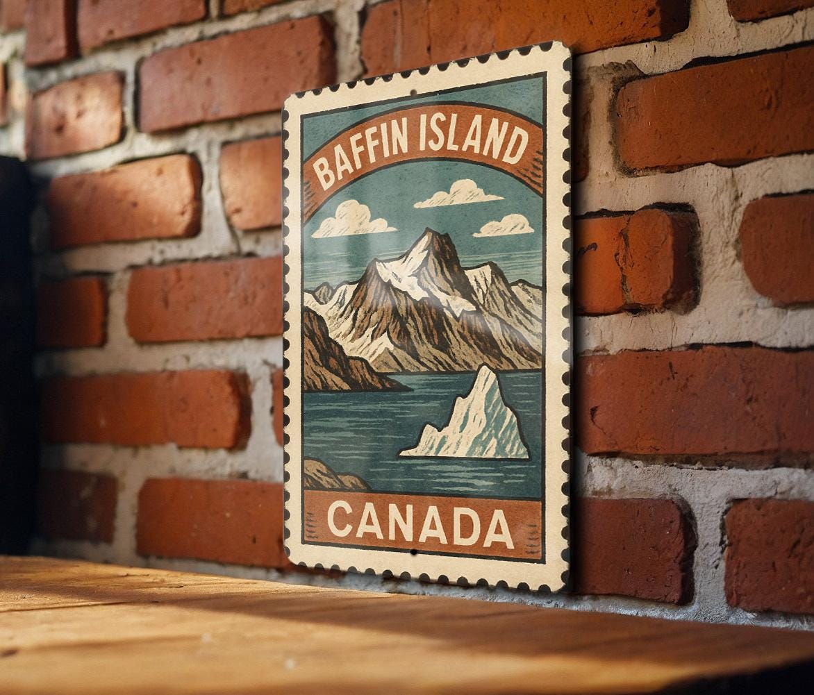 Baffin Island Canada Stamp Art Metal Sign – Vintage Wall Decor, Rustic Canadian Travel Poster Style Plaque — photo 1