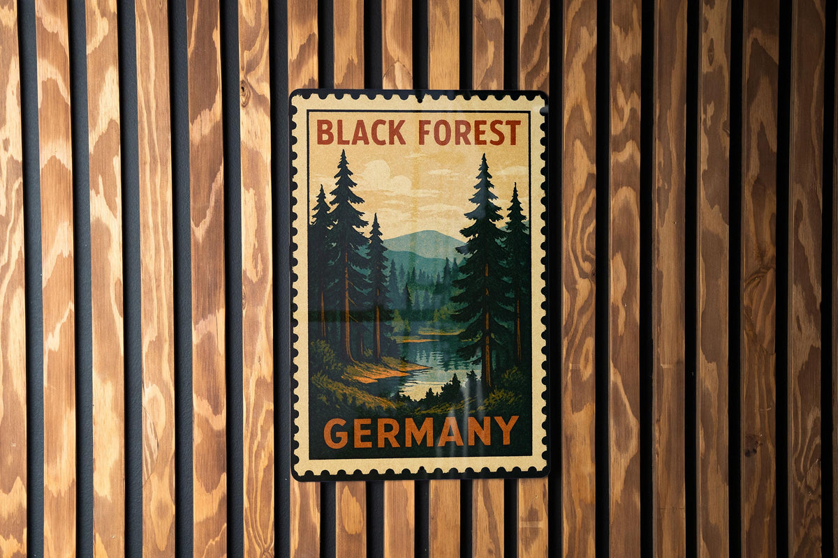 Black Forest Germany Metal Sign – Vintage Travel Stamp Style Wall Art, Rustic German Decor, Tin Poster for Home — photo 1