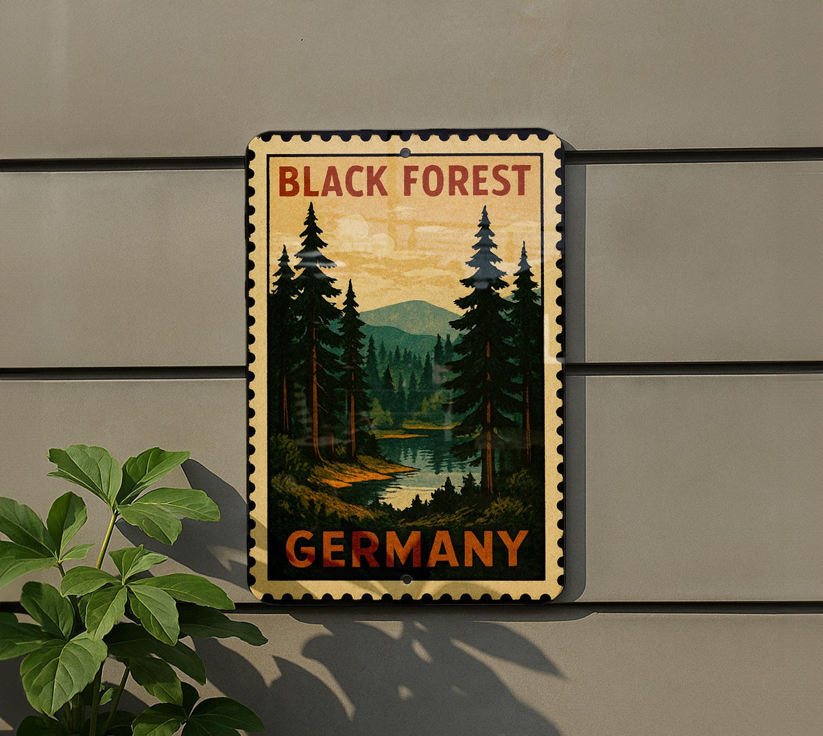 Black Forest Germany Metal Sign – Vintage Travel Stamp Style Wall Art, Rustic German Decor, Tin Poster for Home — photo 5