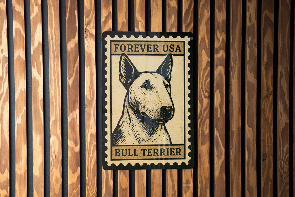 Bull Terrier Dog Metal Sign – Vintage Stamp Style Wall Art, Rustic Home Decor, Pet Lover Gift, Tin Poster Sign — photo 1