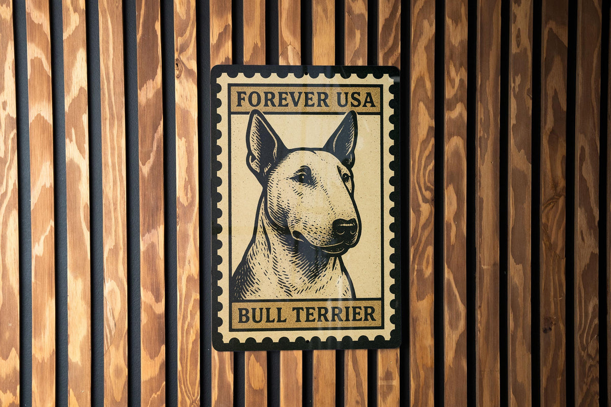 Bull Terrier Dog Metal Sign – Vintage Stamp Style Wall Art, Rustic Home Decor, Pet Lover Gift, Tin Poster Sign — photo 1
