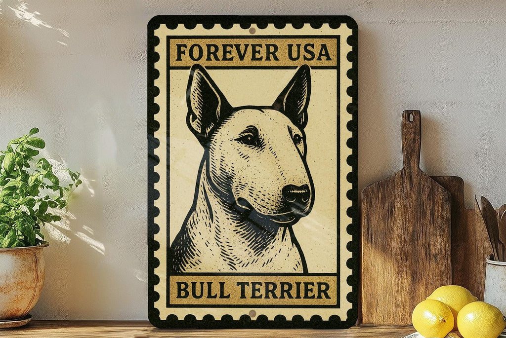 Bull Terrier Dog Metal Sign – Vintage Stamp Style Wall Art, Rustic Home Decor, Pet Lover Gift, Tin Poster Sign — photo 3