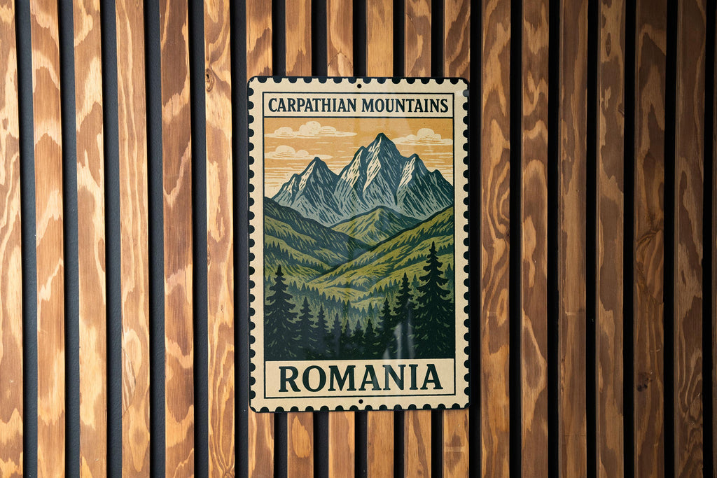 Carpathian Mountains Romani Art Metal Sign – Vintage Travel Stamp Style Wall Decor for Cabin, Rustic Home or Camper — photo 2