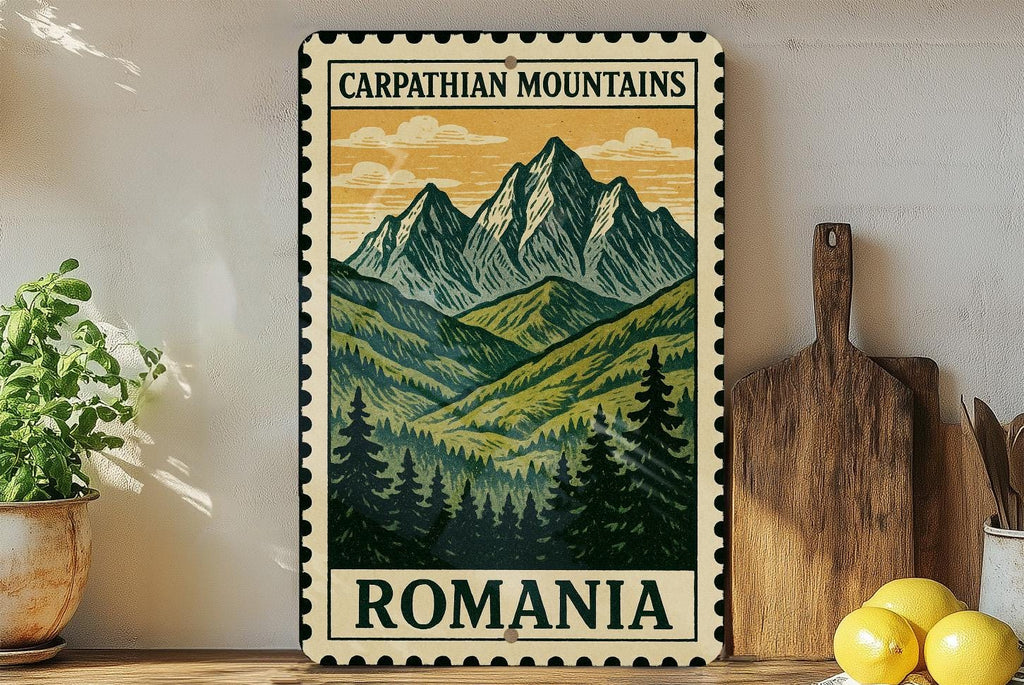 Carpathian Mountains Romani Art Metal Sign – Vintage Travel Stamp Style Wall Decor for Cabin, Rustic Home or Camper — photo 3
