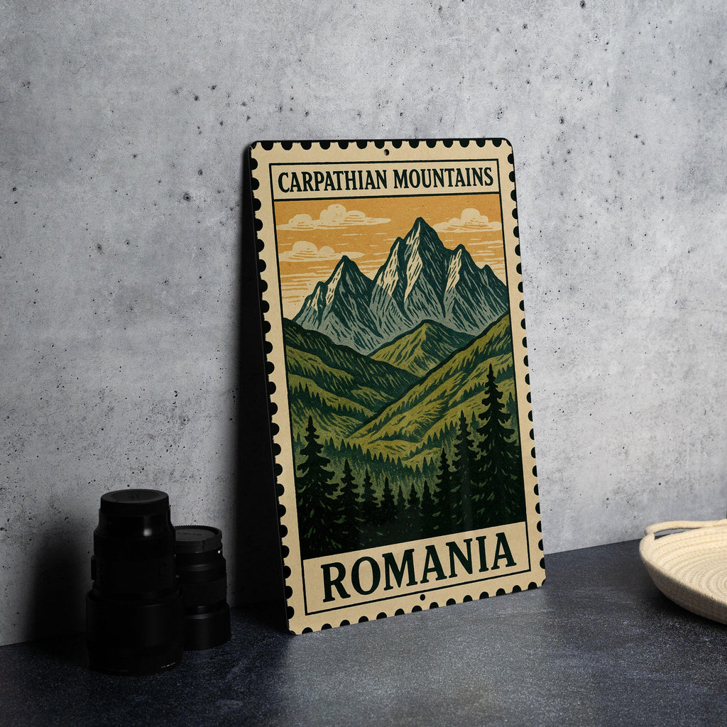 Carpathian Mountains Romani Art Metal Sign – Vintage Travel Stamp Style Wall Decor for Cabin, Rustic Home or Camper — photo 4