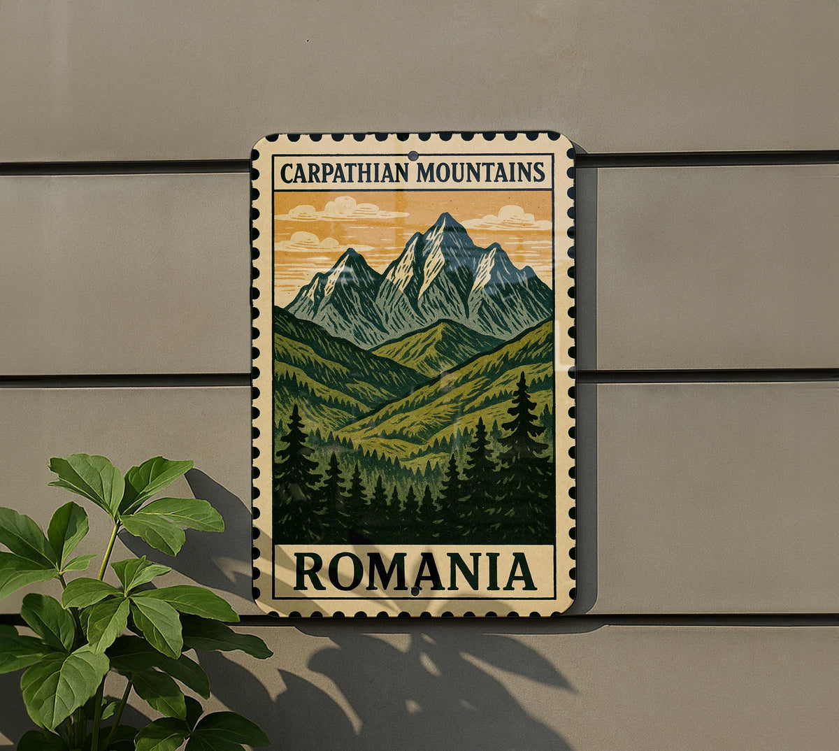 Carpathian Mountains Romani Art Metal Sign – Vintage Travel Stamp Style Wall Decor for Cabin, Rustic Home or Camper — photo 5