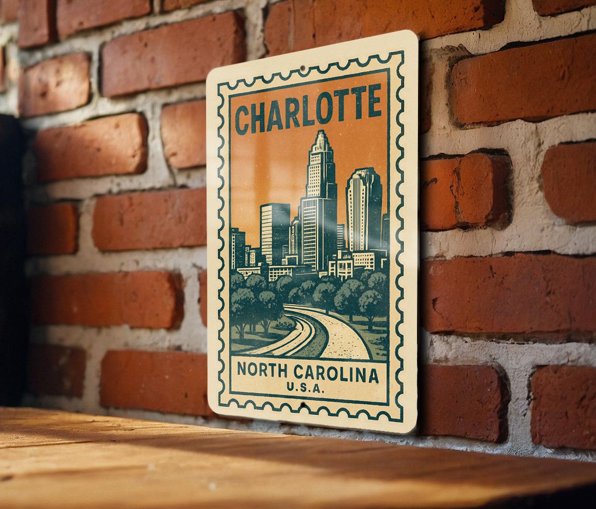 Charlotte NC Vintage Stamp Metal Sign – Retro Wall Art, North Carolina City Decor, Industrial Home Garage or Office Signage — photo 1