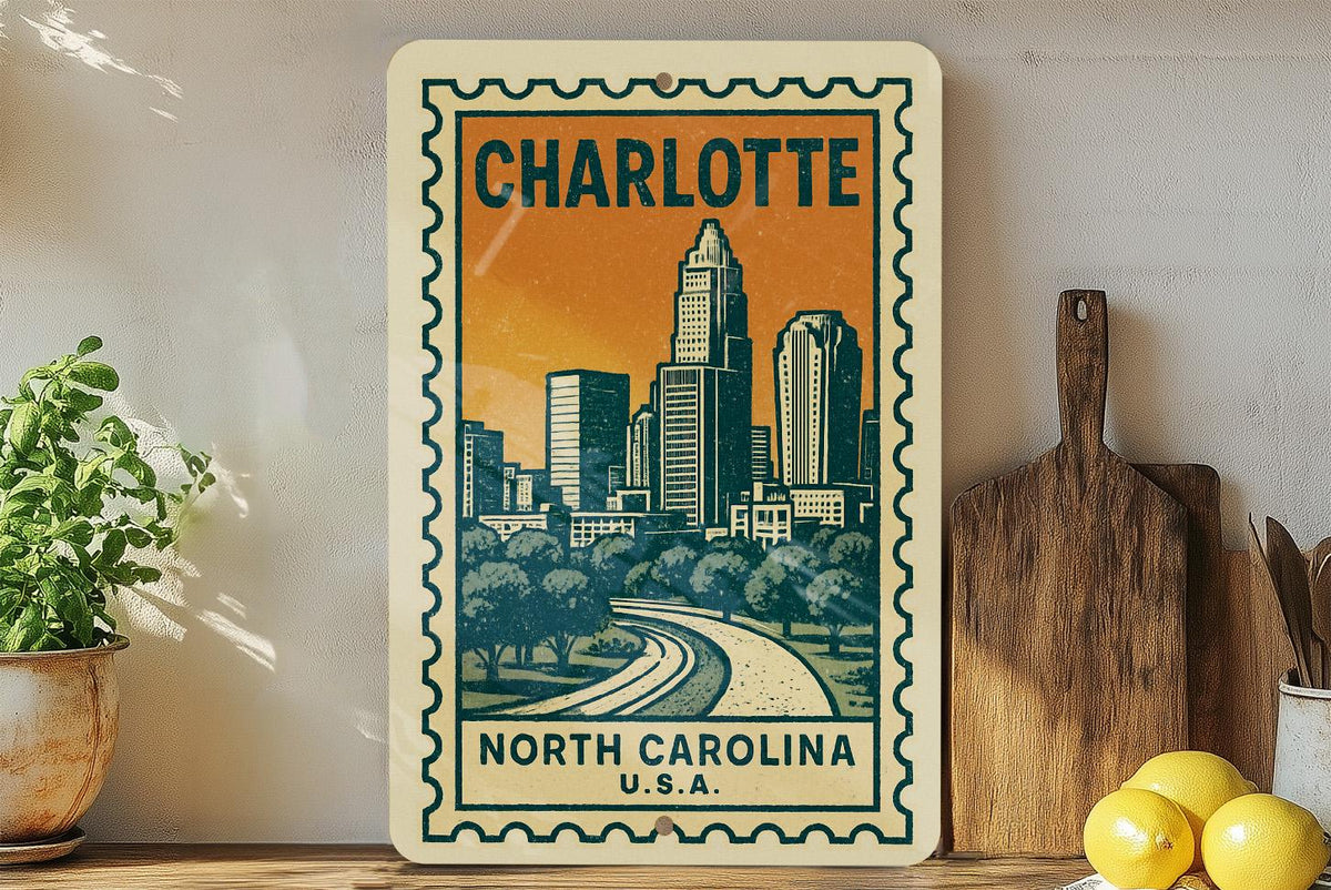 Charlotte NC Vintage Stamp Metal Sign – Retro Wall Art, North Carolina City Decor, Industrial Home Garage or Office Signage — photo 2