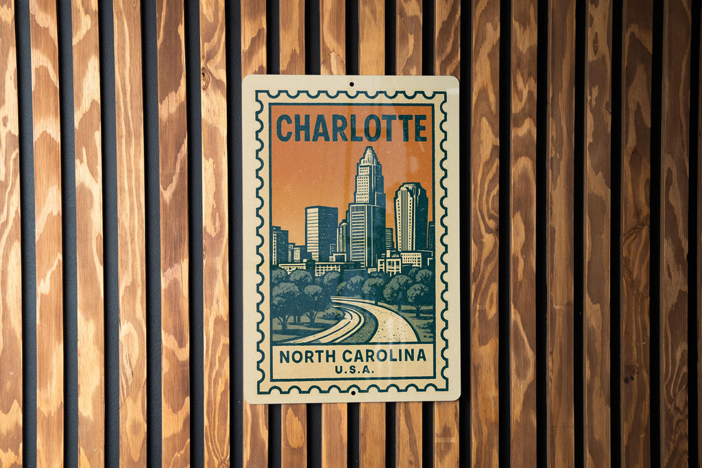 Charlotte NC Vintage Stamp Metal Sign – Retro Wall Art, North Carolina City Decor, Industrial Home Garage or Office Signage — photo 3