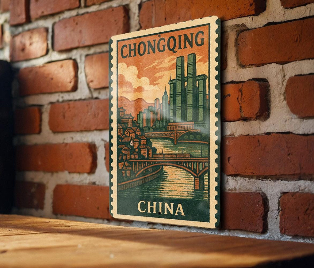 Chongqing China Metal Sign – Wall Art in Vintage Stamp Style, Rustic Travel Decor for Home or Office — photo 1