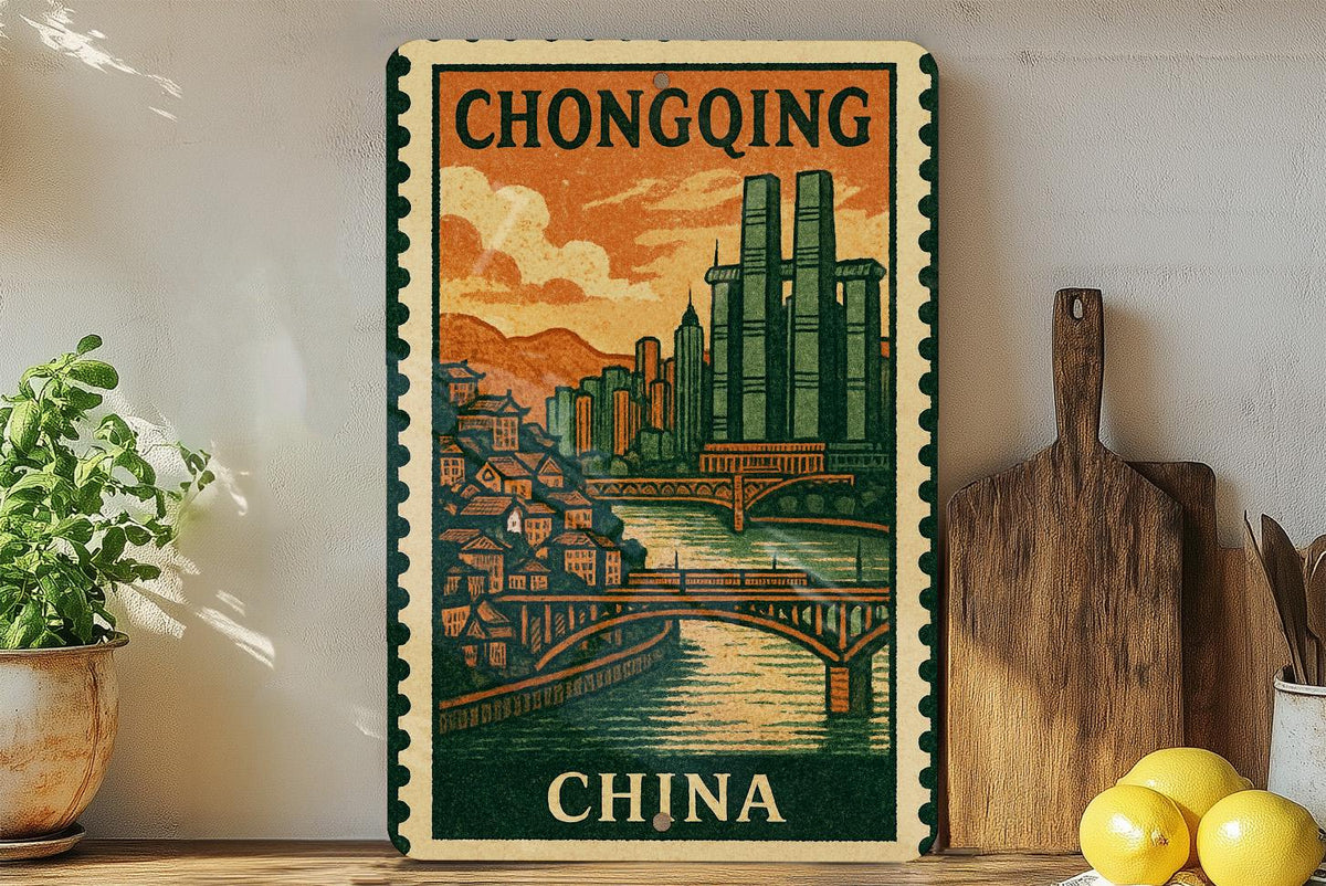 Chongqing China Metal Sign – Wall Art in Vintage Stamp Style, Rustic Travel Decor for Home or Office — photo 2
