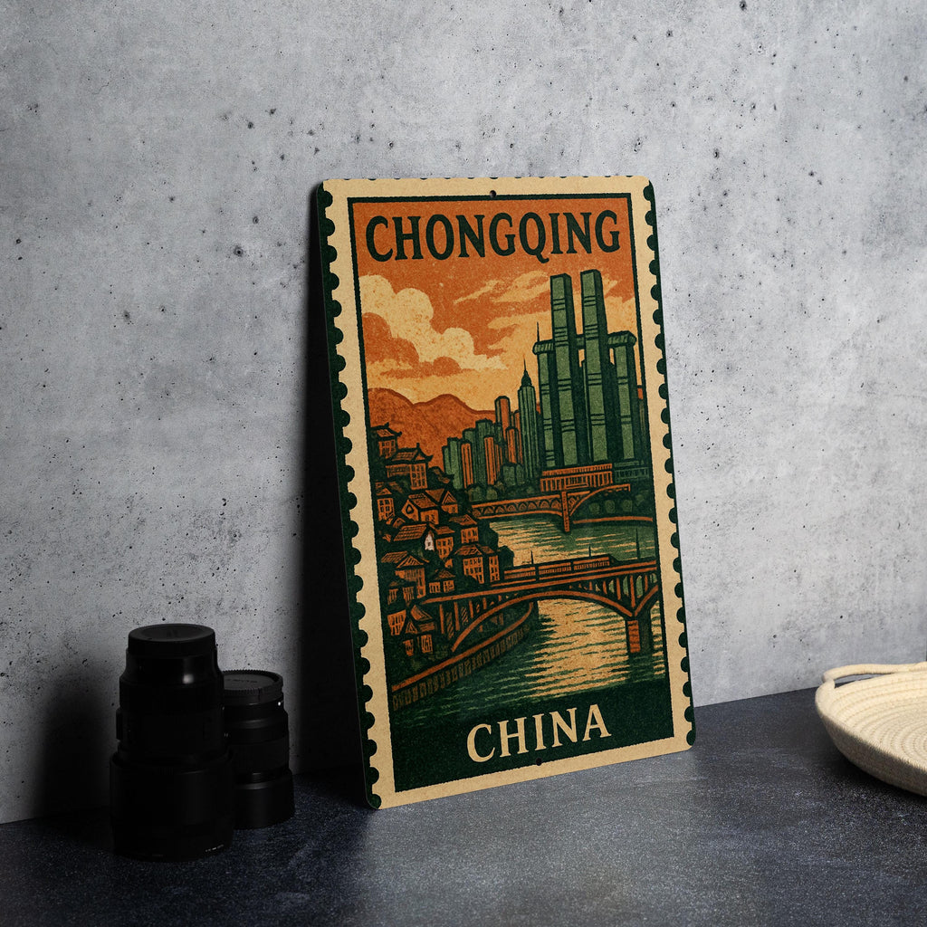 Chongqing China Metal Sign – Wall Art in Vintage Stamp Style, Rustic Travel Decor for Home or Office — photo 4