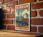 Durham North Carolina Metal Sign – Vintage Stamp Style Wall Art, Rustic NC Home Decor, City Skyline Gift, USA Travel Souvenir — photo 1