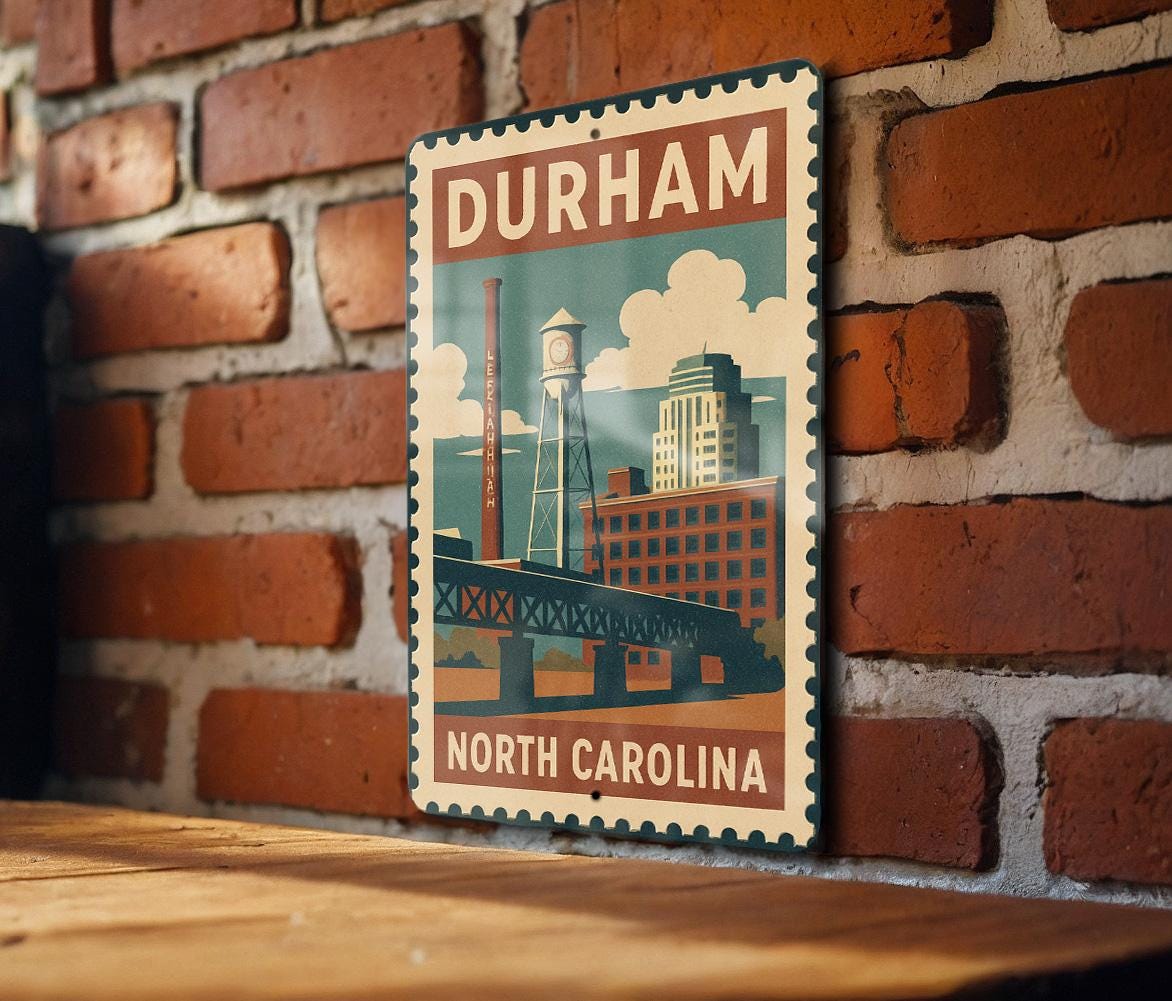 Durham North Carolina Metal Sign – Vintage Stamp Style Wall Art, Rustic NC Home Decor, City Skyline Gift, USA Travel Souvenir — photo 1
