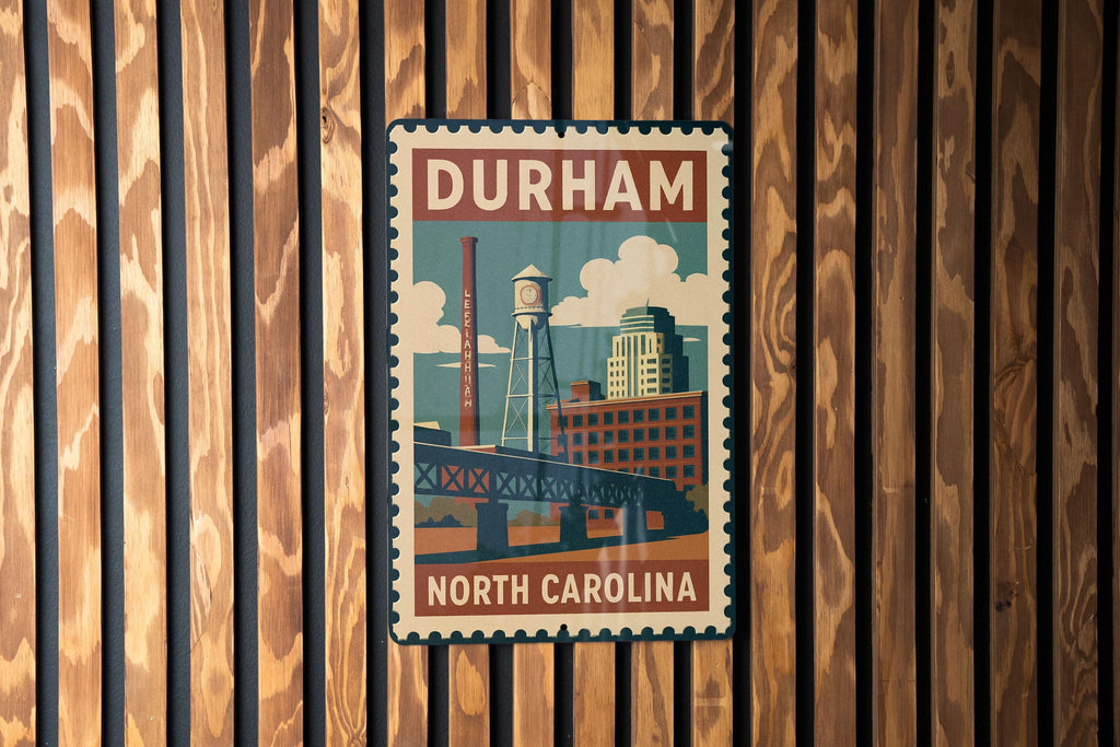 Durham North Carolina Metal Sign – Vintage Stamp Style Wall Art, Rustic NC Home Decor, City Skyline Gift, USA Travel Souvenir — photo 2
