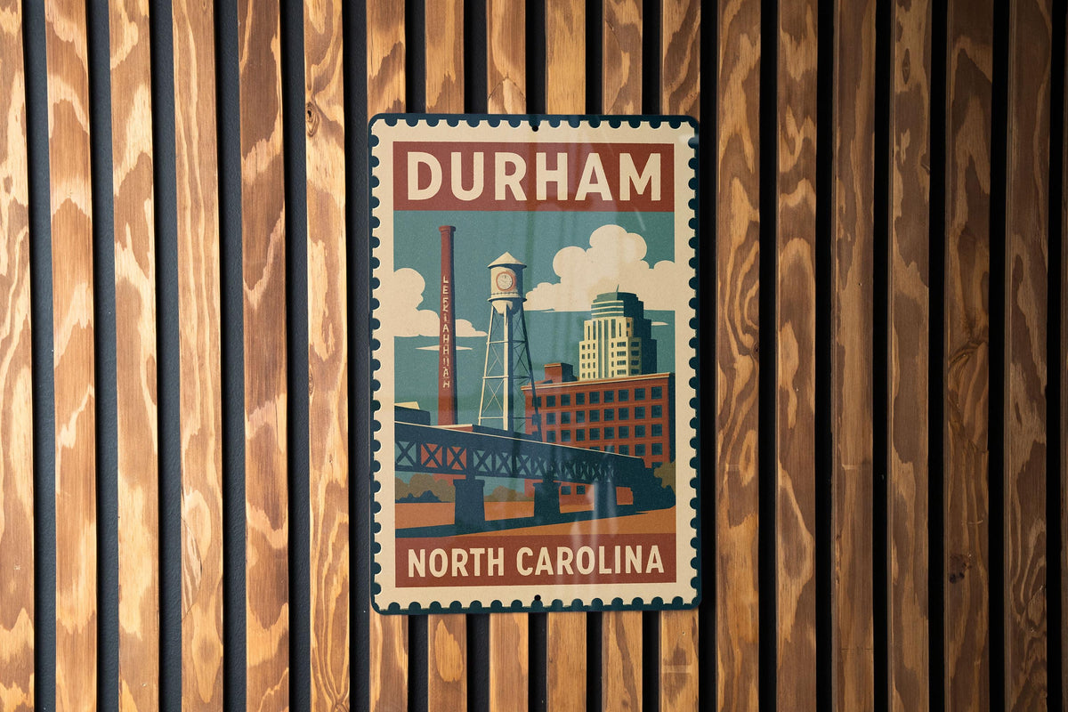 Durham North Carolina Metal Sign – Vintage Stamp Style Wall Art, Rustic NC Home Decor, City Skyline Gift, USA Travel Souvenir — photo 2