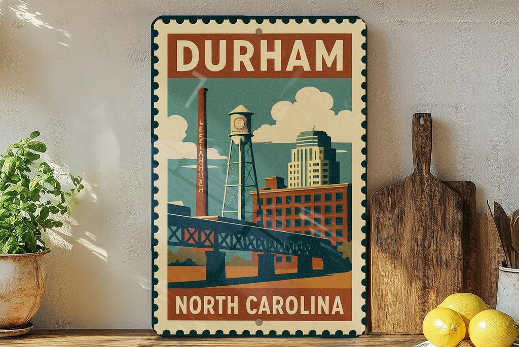 Durham North Carolina Metal Sign – Vintage Stamp Style Wall Art, Rustic NC Home Decor, City Skyline Gift, USA Travel Souvenir — photo 3