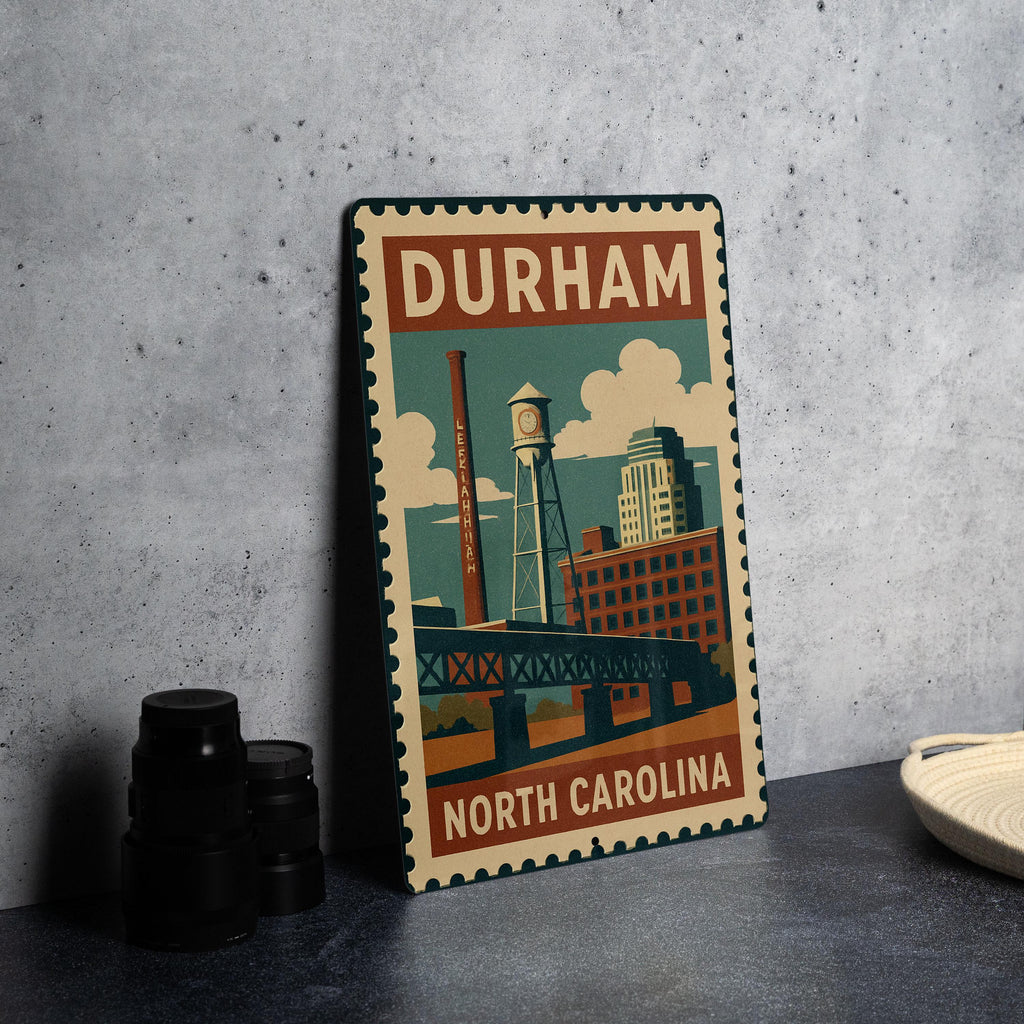 Durham North Carolina Metal Sign – Vintage Stamp Style Wall Art, Rustic NC Home Decor, City Skyline Gift, USA Travel Souvenir — photo 4