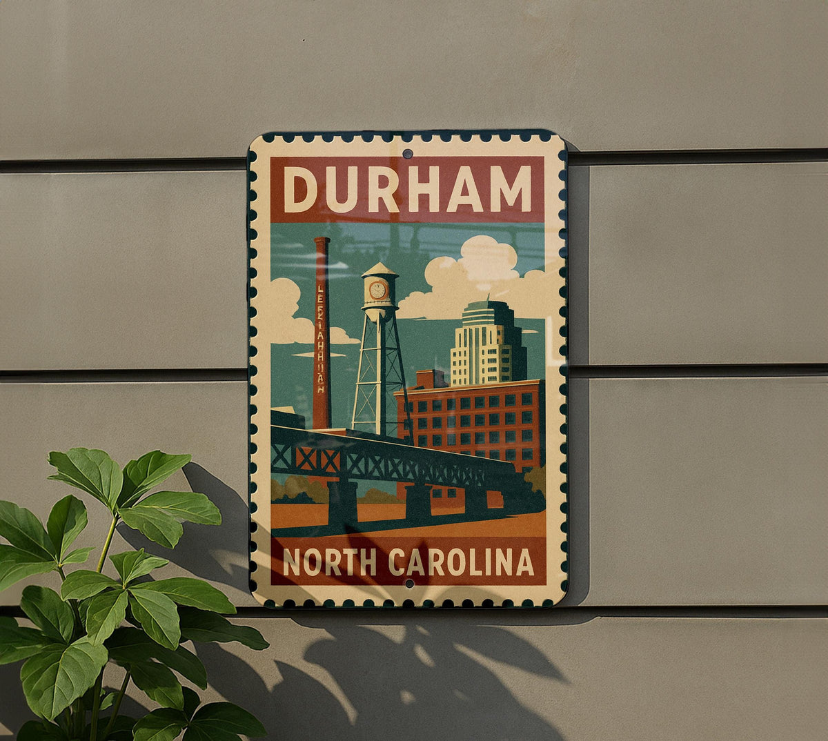 Durham North Carolina Metal Sign – Vintage Stamp Style Wall Art, Rustic NC Home Decor, City Skyline Gift, USA Travel Souvenir — photo 5