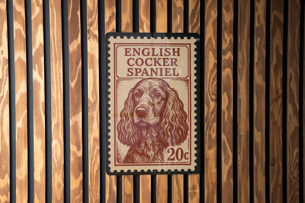English Cocker Spaniel Metal Sign – Vintage Stamp Style Dog Wall Art for Home, Kennel Decor, Pet Lover Gift — photo 1