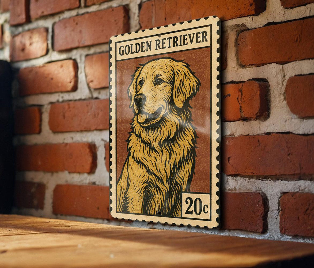 Golden Retriever Metal Sign – Vintage Stamp Style Dog Wall Art, Rustic Home Decor, Aluminum Pet Lover Gift — photo 1