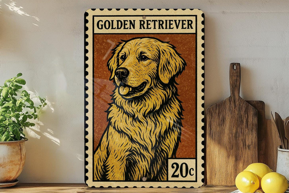 Golden Retriever Metal Sign – Vintage Stamp Style Dog Wall Art, Rustic Home Decor, Aluminum Pet Lover Gift — photo 2