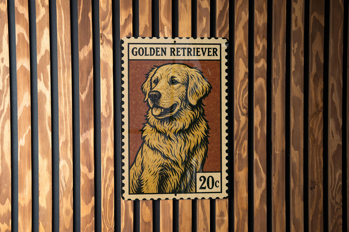 Golden Retriever Metal Sign – Vintage Stamp Style Dog Wall Art, Rustic Home Decor, Aluminum Pet Lover Gift — photo 3