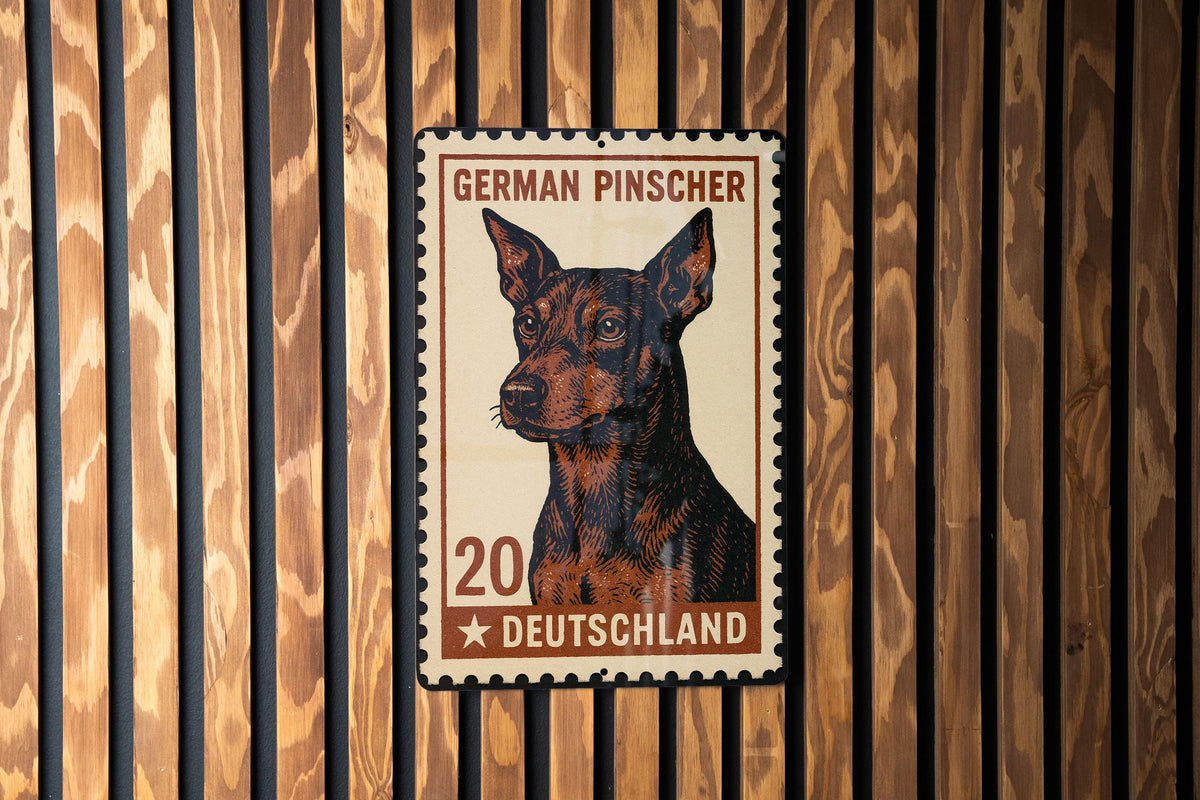 German Pinscher Metal Sign – Vintage Stamp Style Dog Wall Art, Rustic Pet Decor, Tin Sign for Home or Kennel — photo 1
