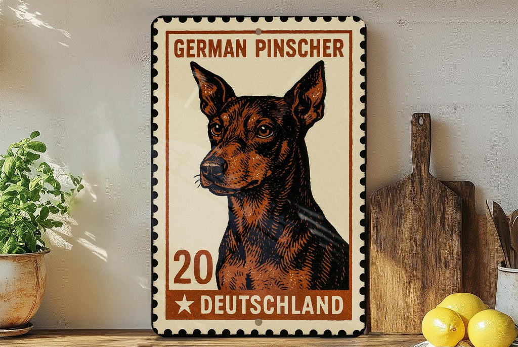 German Pinscher Metal Sign – Vintage Stamp Style Dog Wall Art, Rustic Pet Decor, Tin Sign for Home or Kennel — photo 2