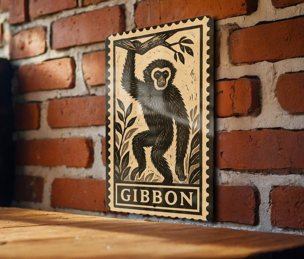 Gibbon  Metal Sign – Vintage Stamp Style Wall Art, Primate Decor, Rustic Jungle Animal Tin Sign for Home or Cabin — photo 1
