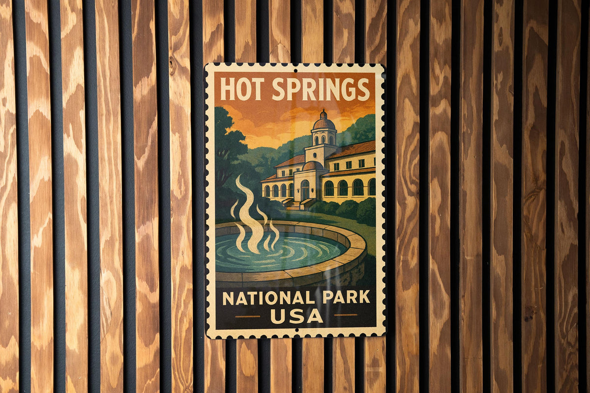 Hot Springs National Park Metal Sign – Vintage Stamp Style Wall Art, Rustic U.S. Travel Decor for Home or Cabin — photo 1
