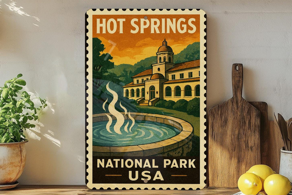 Hot Springs National Park Metal Sign – Vintage Stamp Style Wall Art, Rustic U.S. Travel Decor for Home or Cabin — photo 2