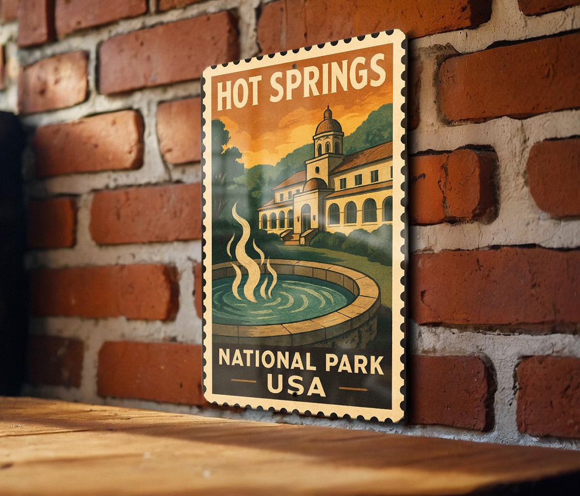 Hot Springs National Park Metal Sign – Vintage Stamp Style Wall Art, Rustic U.S. Travel Decor for Home or Cabin — photo 3
