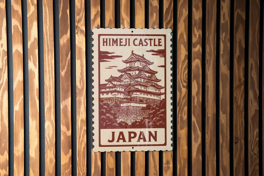 Himeji Castle Japan Metal Sign – Vintage Stamp Style Wall Art, Japanese Landmark Decor, Aluminum Plaque — photo 1
