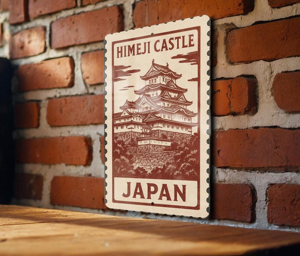Himeji Castle Japan Metal Sign – Vintage Stamp Style Wall Art, Japanese Landmark Decor, Aluminum Plaque — photo 2